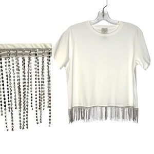 Joie White Short Sleeve Tee with Silver glitter gemstone Fringe Small
